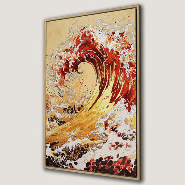 Framed Wall Art featuring a stylized wave in warm red, yellow, and brown tones. Perfect for adding a touch of artistic flair to your home decor.