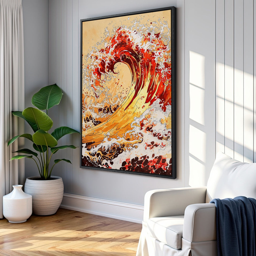 Framed Wall Art: Abstract wave art in warm red and yellow tones. Modern style canvas print adds a pop of color to any interior.