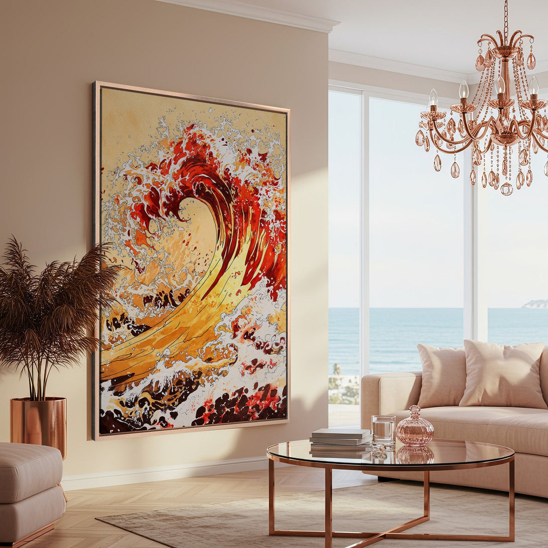 Framed Wall Art featuring a vibrant wave painting in warm red, yellow, and gold tones. Perfect for adding coastal art to your home decor.