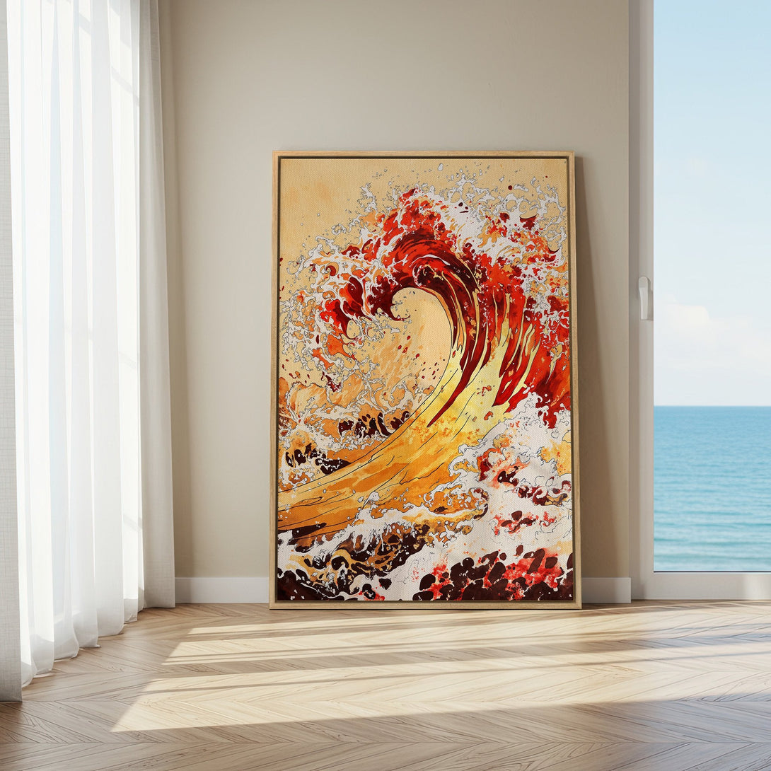 Framed Wall Art: Abstract wave art in warm red, orange, and gold hues. Perfect for coastal decor. Canvas Print adds artistic flair to any space.