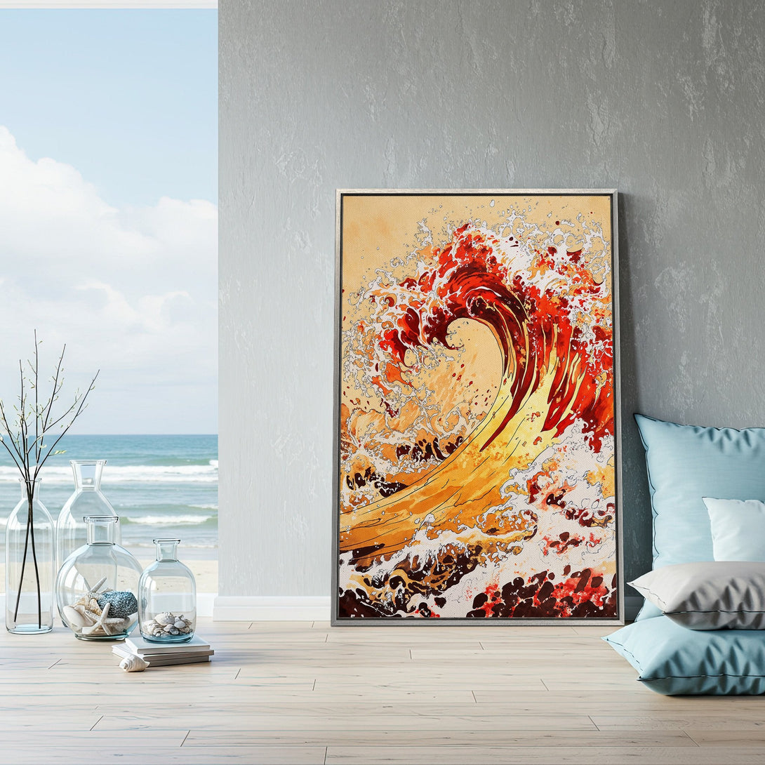Framed Wall Art: Abstract wave art in warm red and gold tones. Coastal decor inspiration for your home. Shop art prints today!