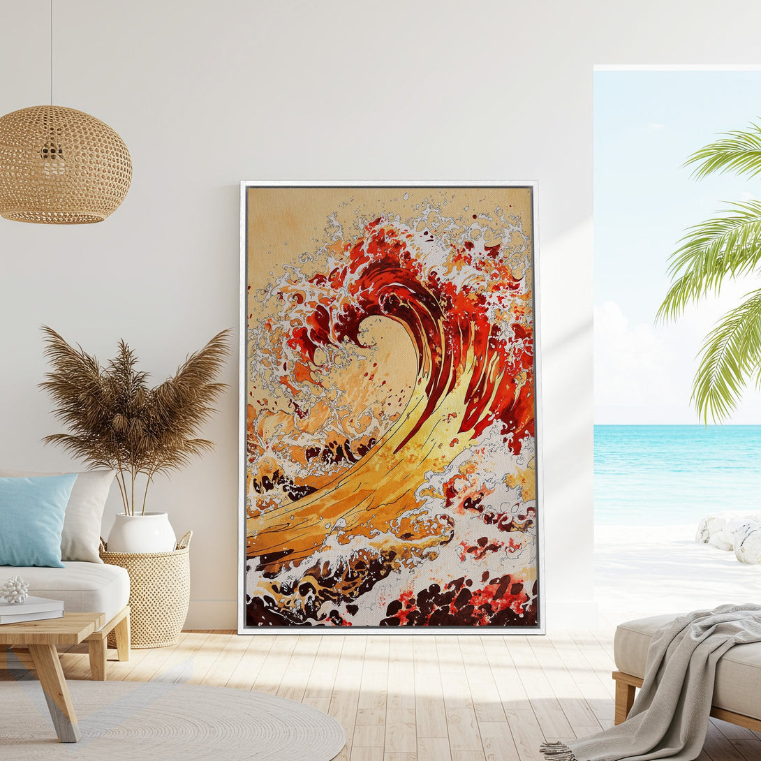 Framed Wall Art: Abstract wave art in warm orange and red tones. Coastal decor for a serene living room. Enhance your space with this vibrant canvas print.