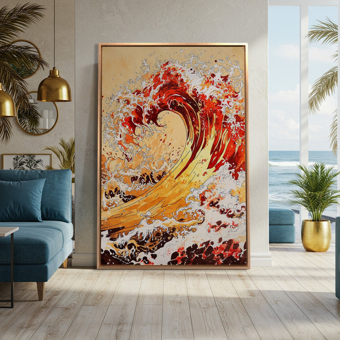 Framed Wall Art: Abstract wave art in warm orange and red tones. Modern canvas print adds a touch of coastal elegance to any room. Shop now for unique decor!