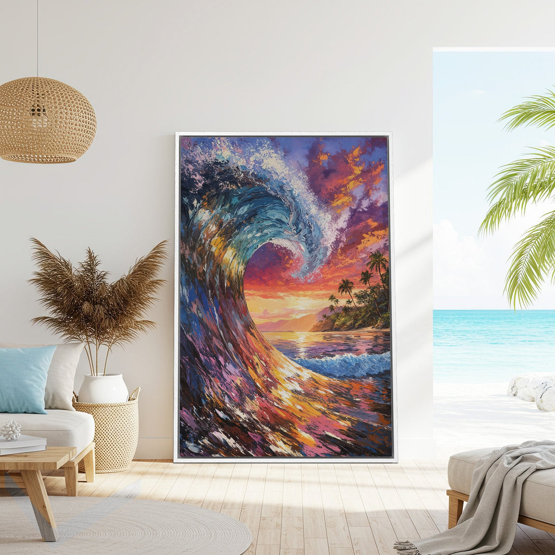 Framed Wall Art: Stunning wave art print in vibrant blues, oranges, and purples. Coastal style canvas print adds a splash of color to any room.
