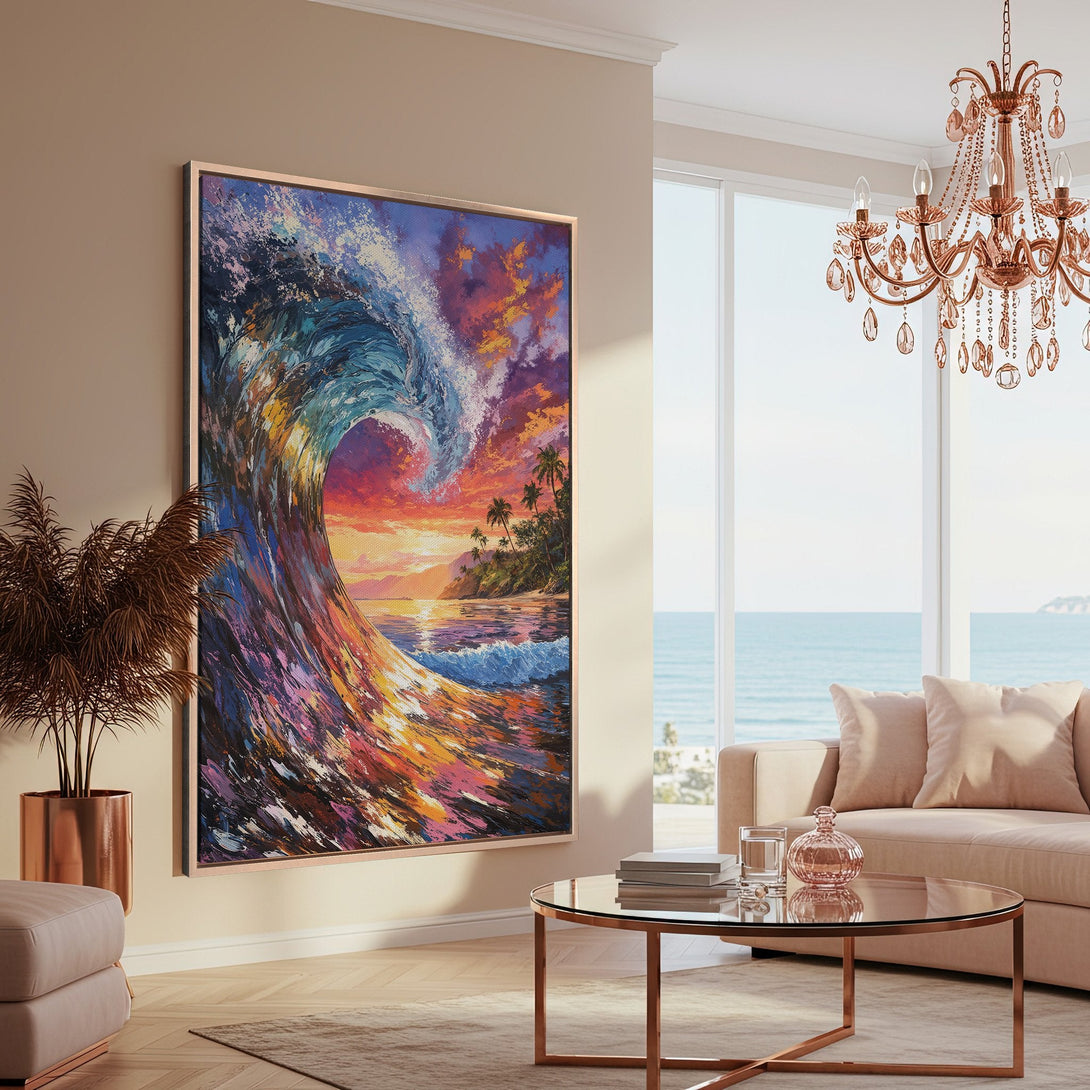 Framed Wall Art: Stunning wave painting in vibrant blues, oranges, and purples. Coastal-inspired artwork adds a splash of color and style to any room.