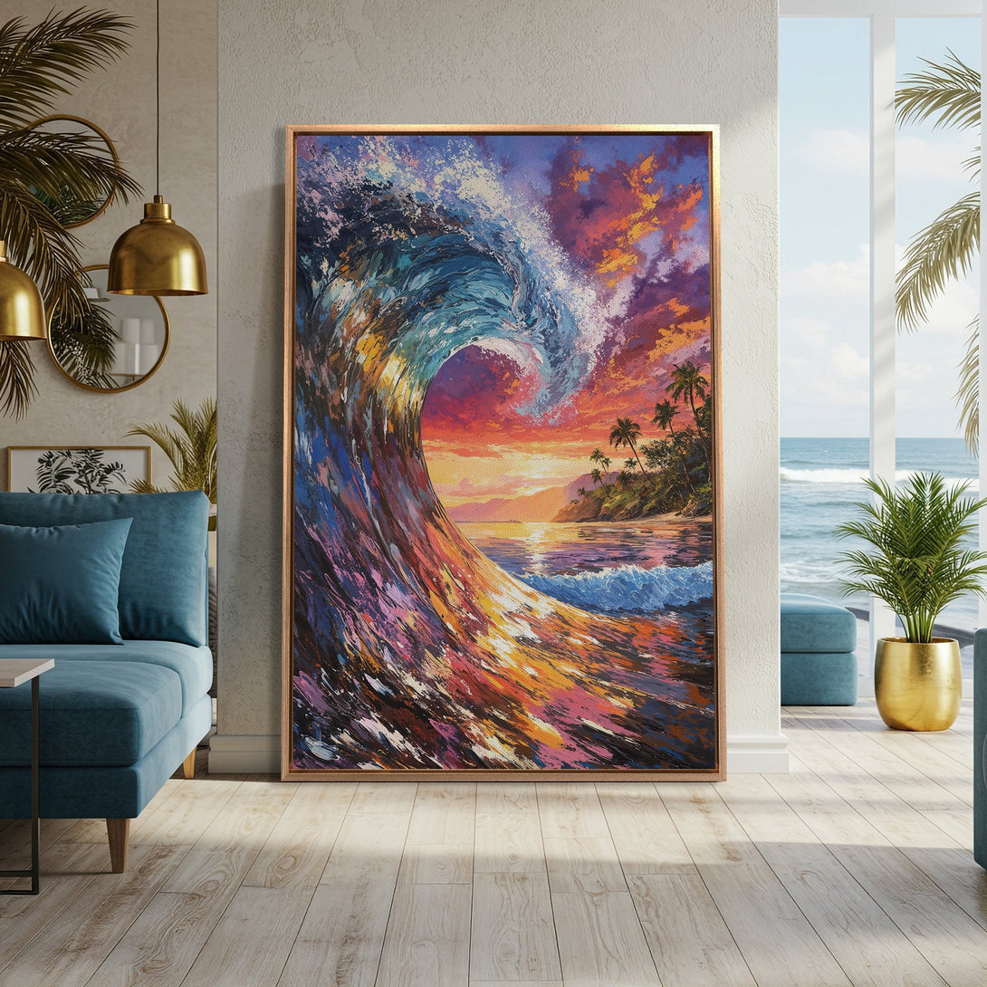 Framed Wall Art: Vibrant wave painting with sunset colors. Coastal artwork in a modern interior, featuring blues, oranges, and purples. Perfect for beach house decor.