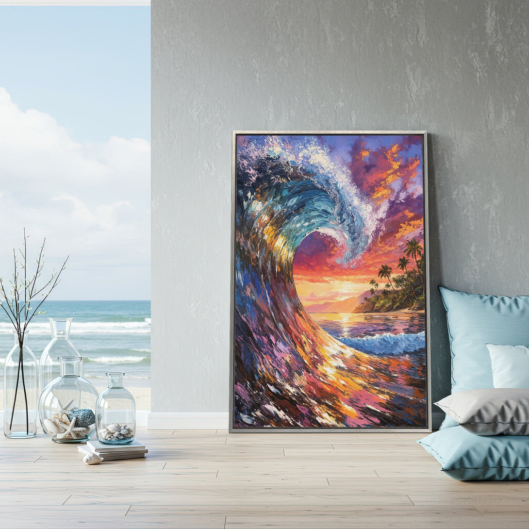 Framed Wall Art: Vibrant wave painting in a coastal style with a warm sunset color palette. Bring the beach vibes home with this stunning artwork!