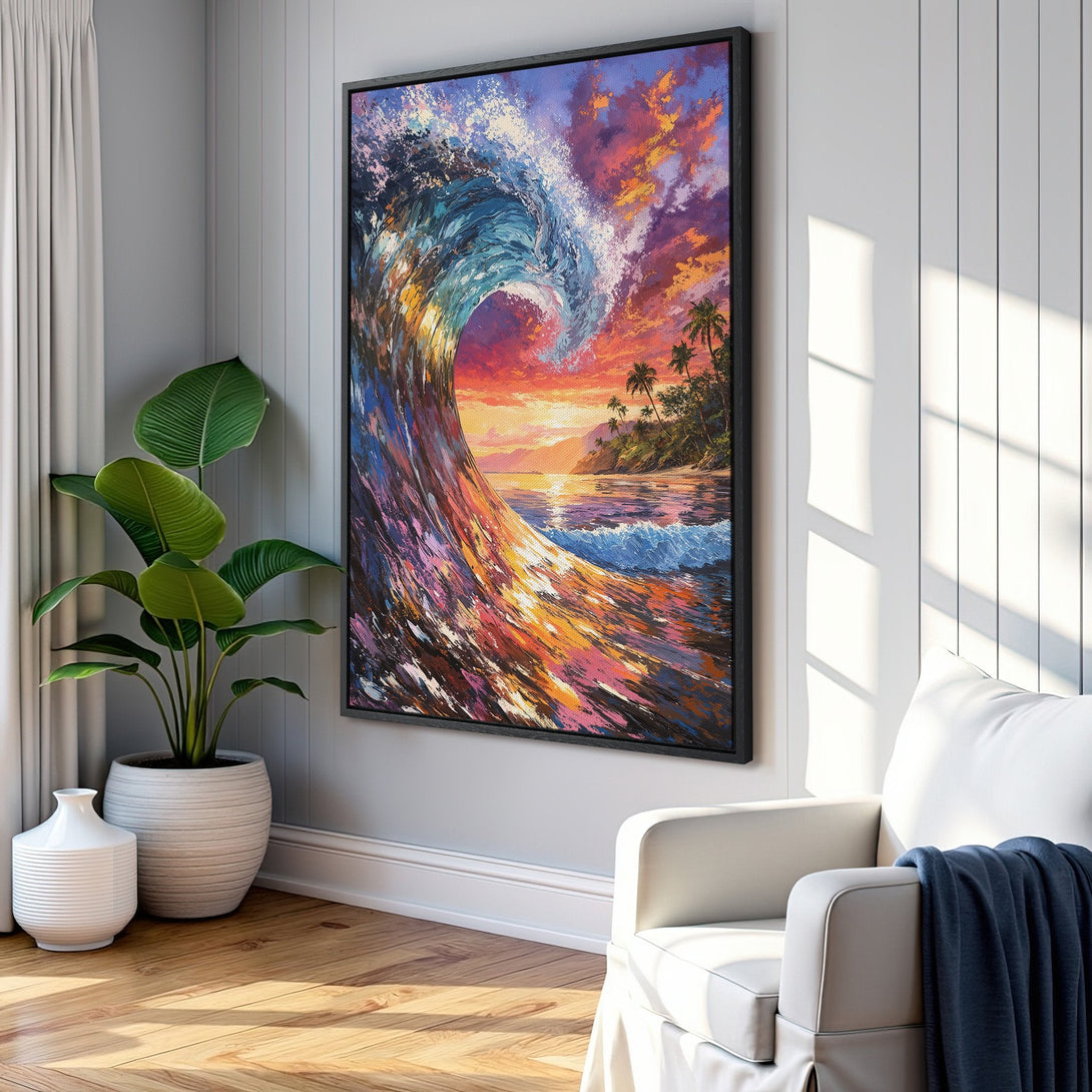 Framed Wall Art: Vibrant wave art canvas print in a colorful palette of blues, oranges, and purples. Coastal-inspired decor for a stylish home.