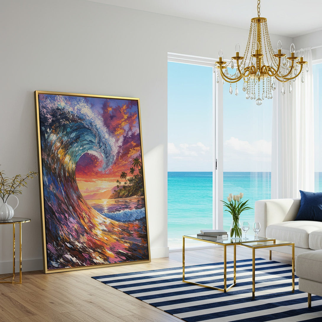 Canvas Print of a vibrant wave crashing at sunset. Coastal art with a colorful palette of blues, oranges, and purples. Perfect for home decor!