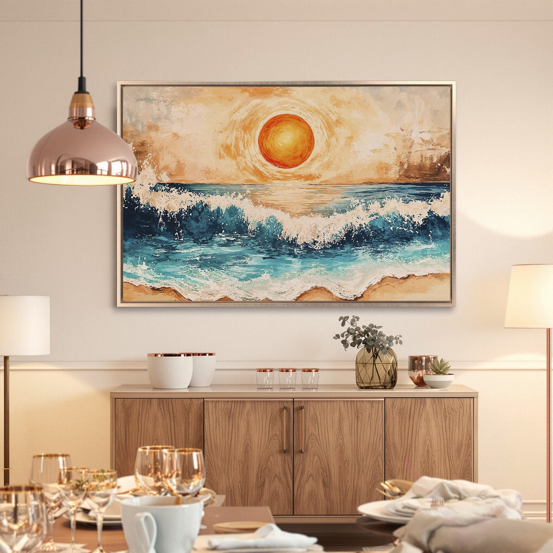 Framed Wall Art: Coastal sunset painting in warm orange, blue, and beige tones. Perfect for adding a touch of serenity to your home decor.
