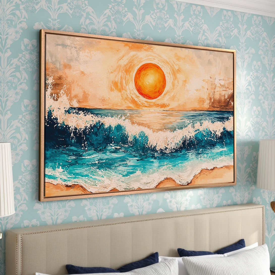 Framed Wall Art: Coastal sunset canvas print with vibrant turquoise and orange hues. Perfect for adding a touch of serenity and style to your bedroom decor.