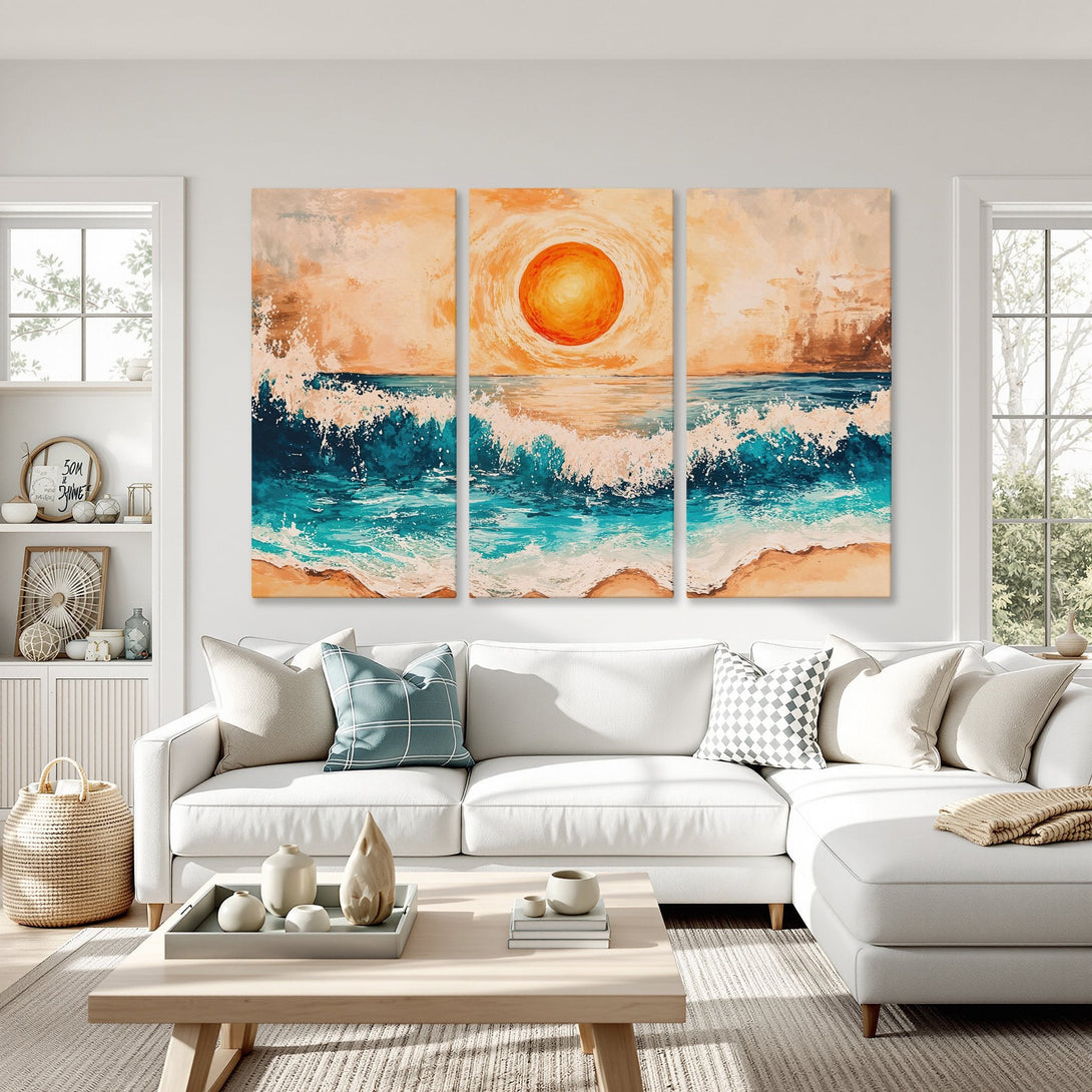 Canvas Print: Abstract ocean waves art in teal and orange, adding coastal vibes to a modern living room.