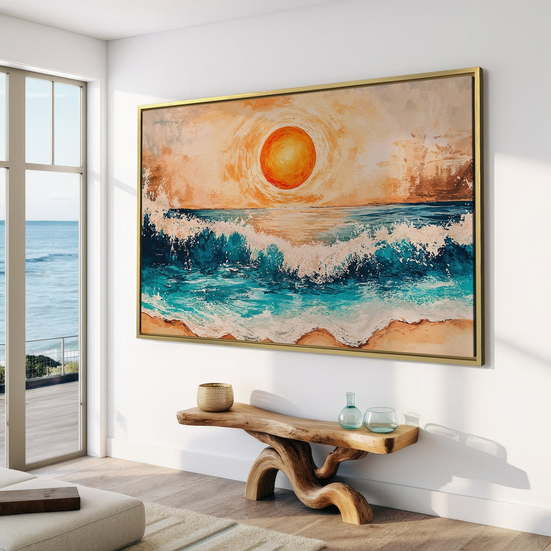 Canvas Print of a sunset over ocean waves, in a modern, abstract style. Features a warm, inviting color palette of blues, oranges, and tans.