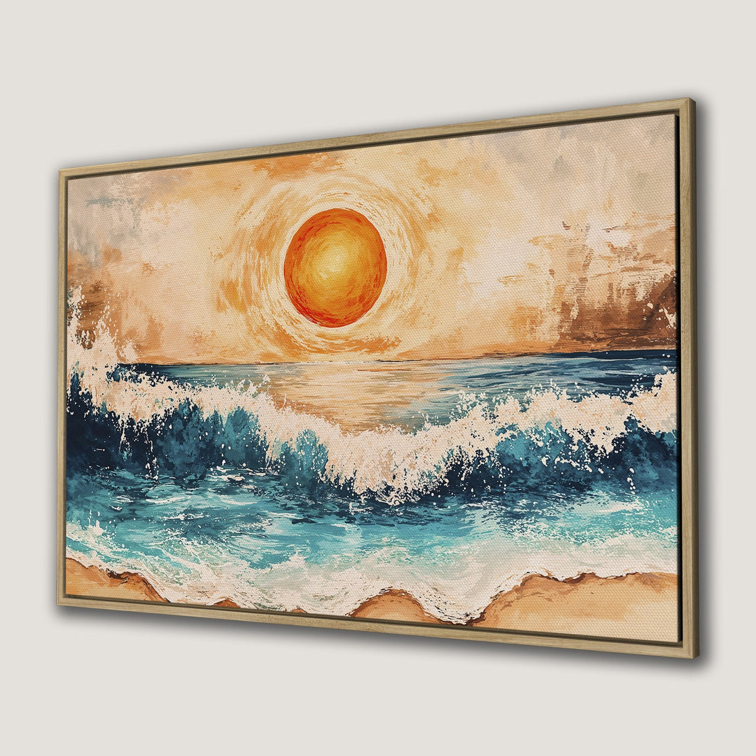 Framed Wall Art: Coastal scene Canvas Print featuring a vibrant sunset over ocean waves in a warm, inviting color palette. Perfect for any space!