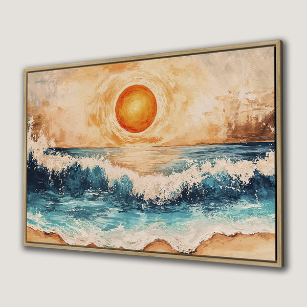 Framed Wall Art: Coastal scene Canvas Print featuring a vibrant sunset over ocean waves in a warm, inviting color palette. Perfect for any space!