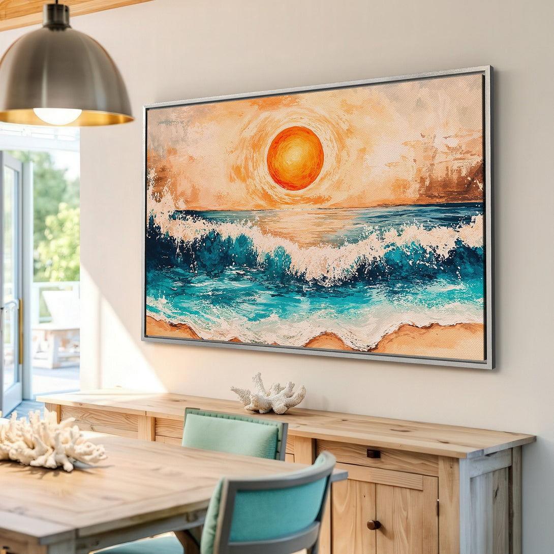 Framed Wall Art: Coastal sunset canvas print in warm orange and teal tones. Perfect beach decor for a relaxing living room or dining area.