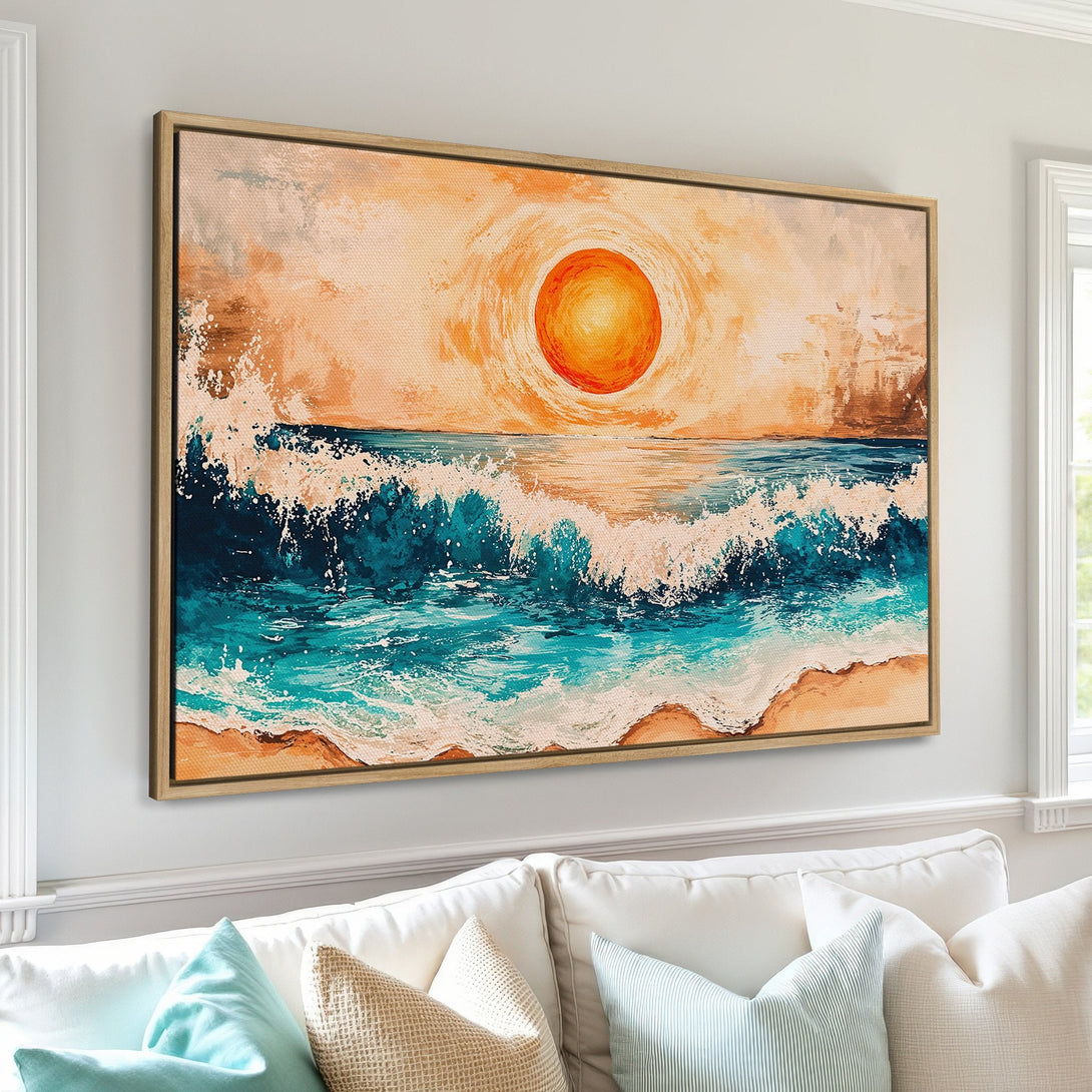 Canvas Print of a vibrant ocean sunset in a warm, inviting color palette. Coastal art with teal, orange, and beige hues. Perfect wall decor!