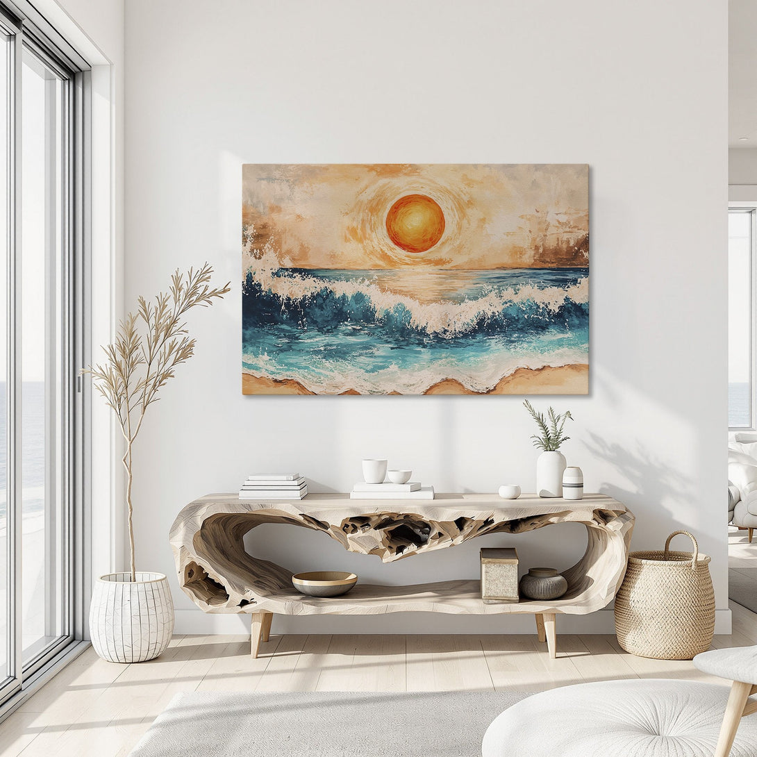 Framed Wall Art: Ocean sunset painting with vibrant teal and orange hues. Coastal style canvas print adds a calming touch to any interior.
