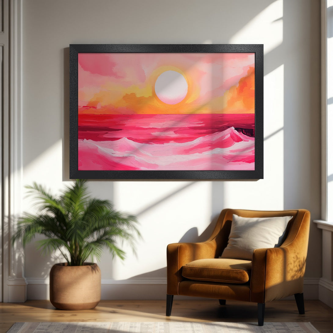 Framed Poster of a sunset seascape in a modern art style, featuring pinks, oranges, and reds. Perfect wall decor.
