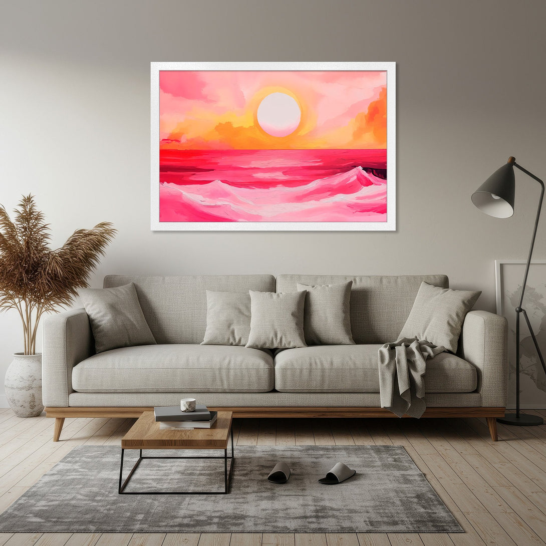 Framed Poster of a sunset over the ocean, abstract style, with a pink and orange color palette. Perfect wall art for your home!