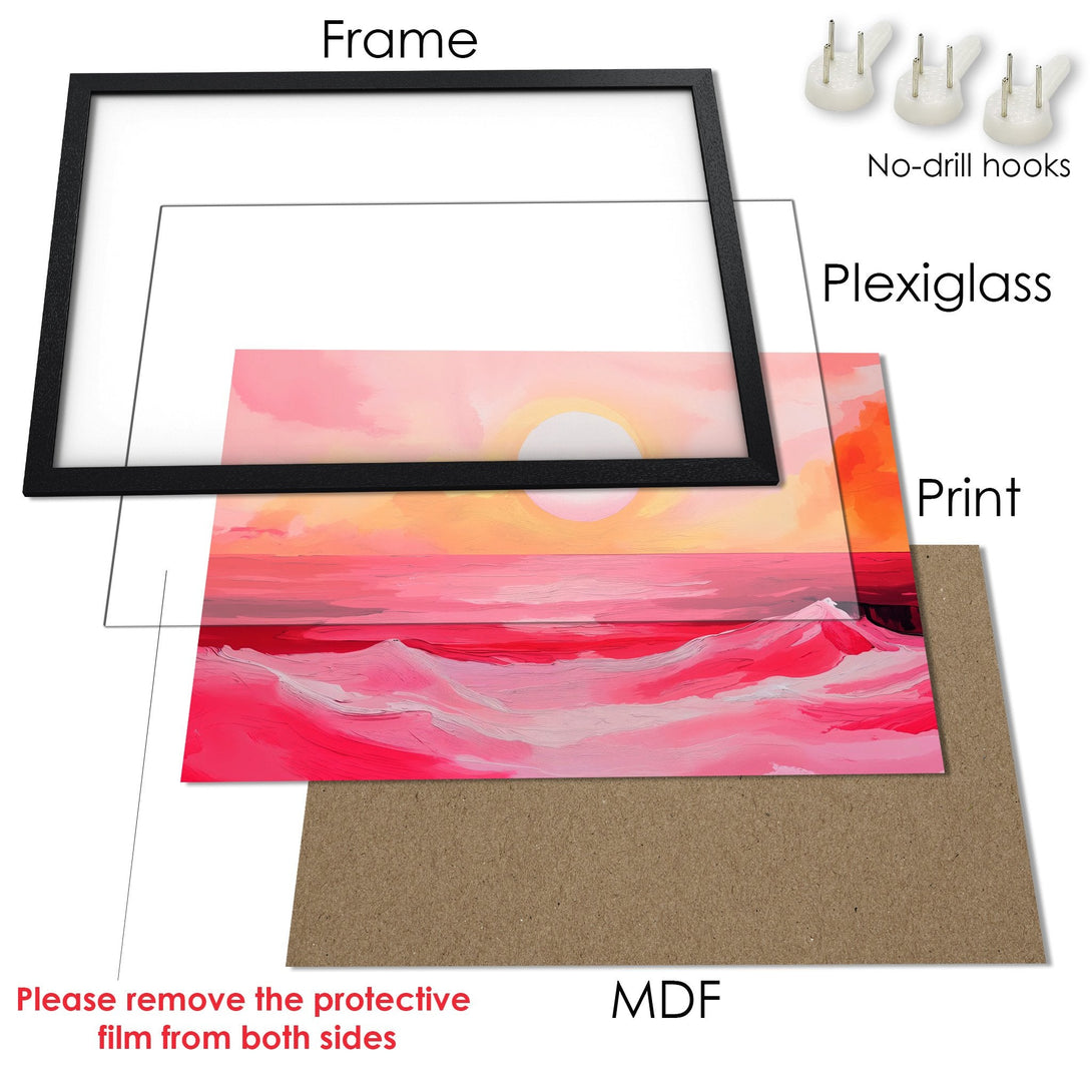 Framed Poster featuring a vibrant sunset landscape in pink and orange hues. Modern art style, ready to hang and brighten your space!