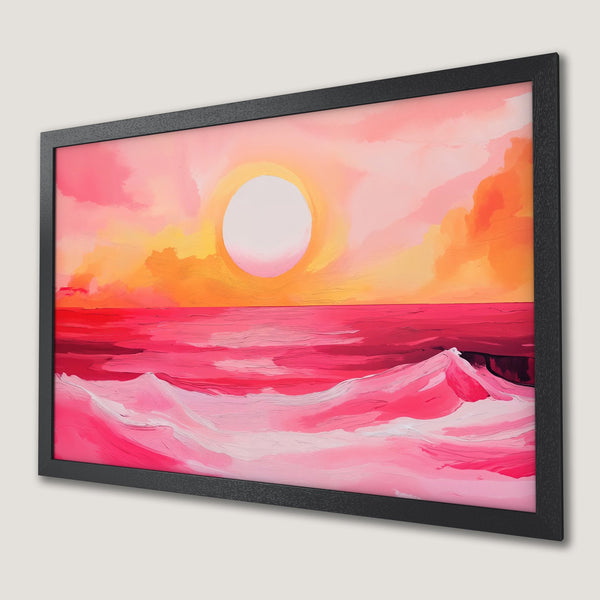 Framed Poster of a sunset over the ocean, abstract style, featuring pink, orange, and yellow hues. Perfect wall art!