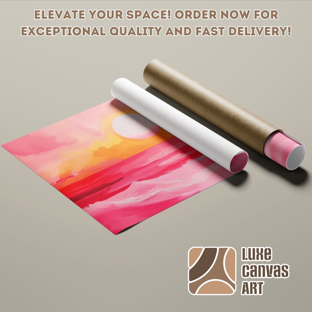 Abstract landscape Poster Roll art in pink, orange, and red hues. Elevate your space!