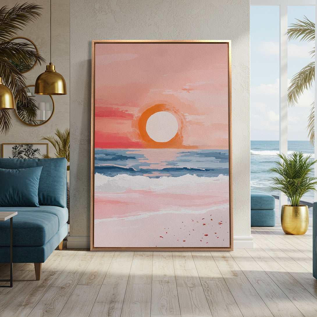Framed Wall Art: Abstract sunset Canvas Print in a coastal style, featuring warm pinks, oranges, and blues. Perfect for adding a touch of serenity to any space.