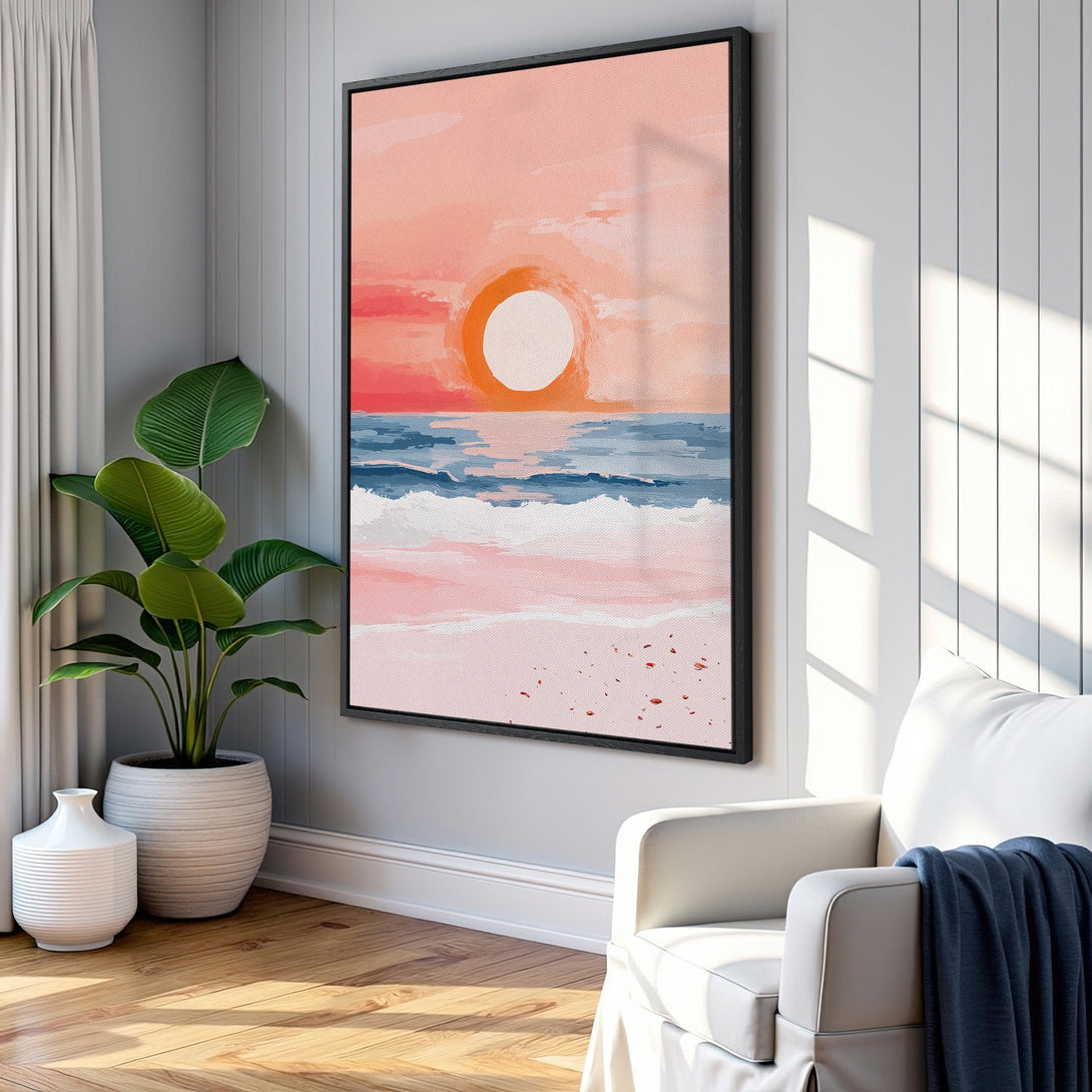 Framed Wall Art: Abstract sunset beach scene in warm pinks and blues. Adds a touch of coastal calm to any space. Shop now!