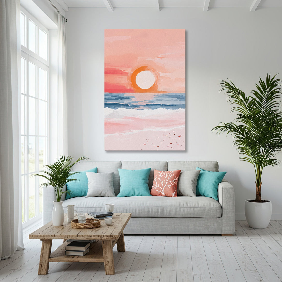 Framed Wall Art: Sunset beach scene in pink and blue, displayed in a coastal living room with gold accents. Modern, abstract Canvas Print.