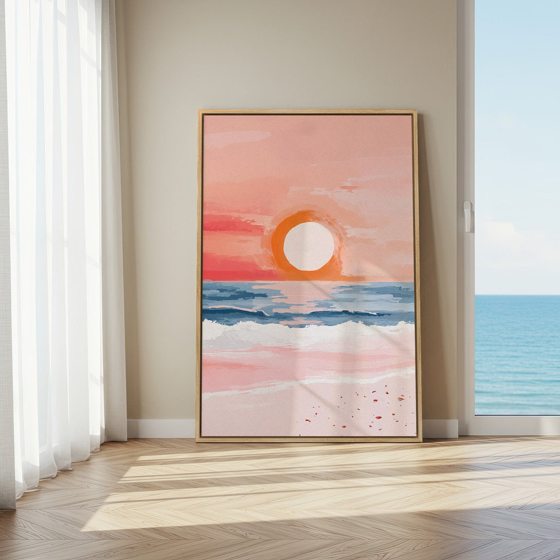 Framed Wall Art: Abstract sunset canvas print in warm pinks & blues. Modern art for coastal decor, perfect for living room or bedroom.