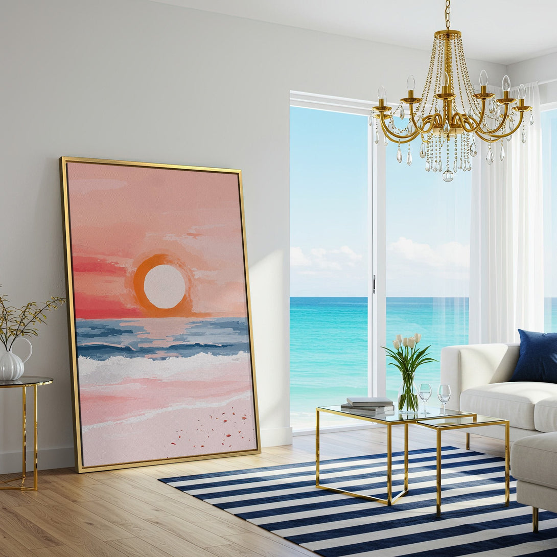 Canvas Print of a sunset beach scene in a modern interior. Featuring a watercolor style and a warm, pink and blue color palette.