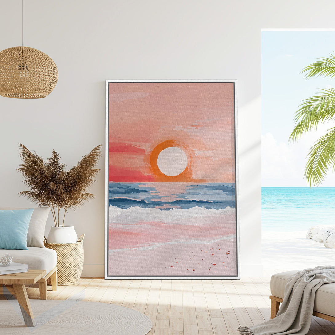 Framed Wall Art: Abstract sunset canvas print with pink, orange, and blue hues. Coastal style art perfect for a relaxing living room or bedroom.