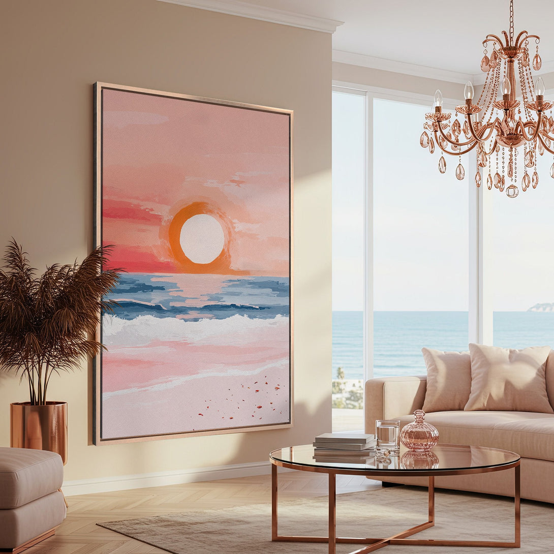 Framed Wall Art: Coastal sunset canvas print in a warm pink and blue palette. Modern abstract art perfect for living room decor.