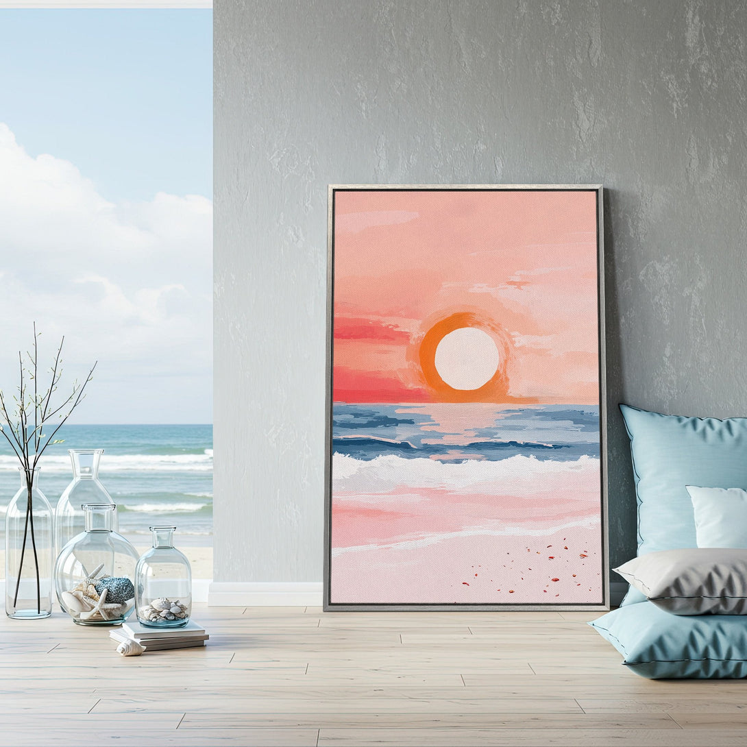 Framed Wall Art: Abstract sunset canvas print in warm peach and blue tones. Coastal art for a serene home. Shop now!