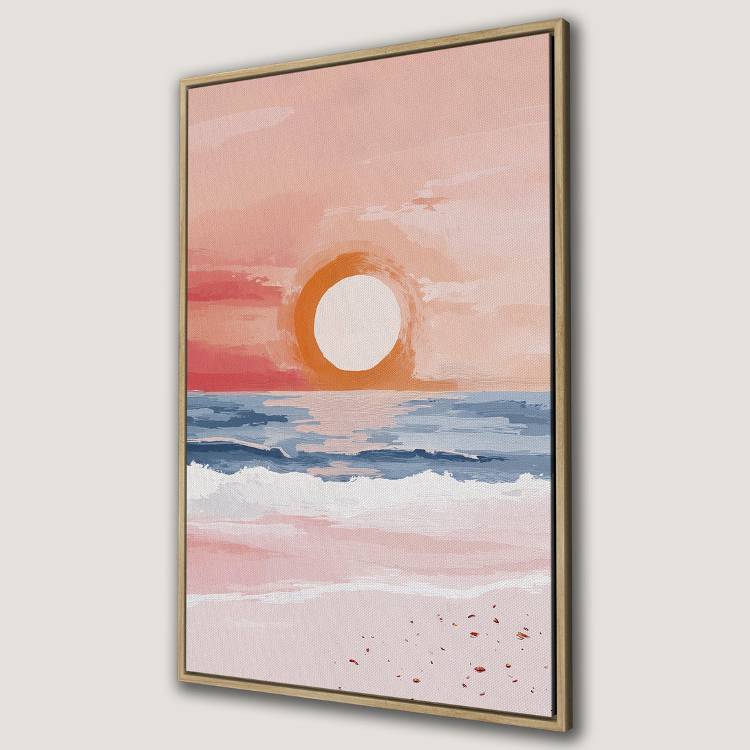 Framed Wall Art: Abstract sunset over the ocean in warm pinks, blues, and oranges. Perfect for adding a calming touch to any space.