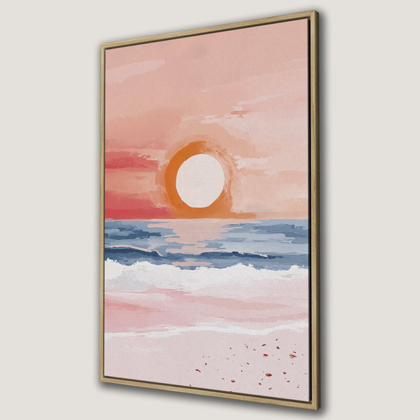 Framed Wall Art: Abstract sunset over the ocean in warm pinks, blues, and oranges. Perfect for adding a calming touch to any space.