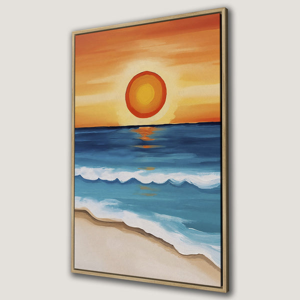 Framed Wall Art: Coastal sunset painting in warm orange and blue hues. Perfect for adding beachy vibes to your home decor. Canvas Print of ocean scene.