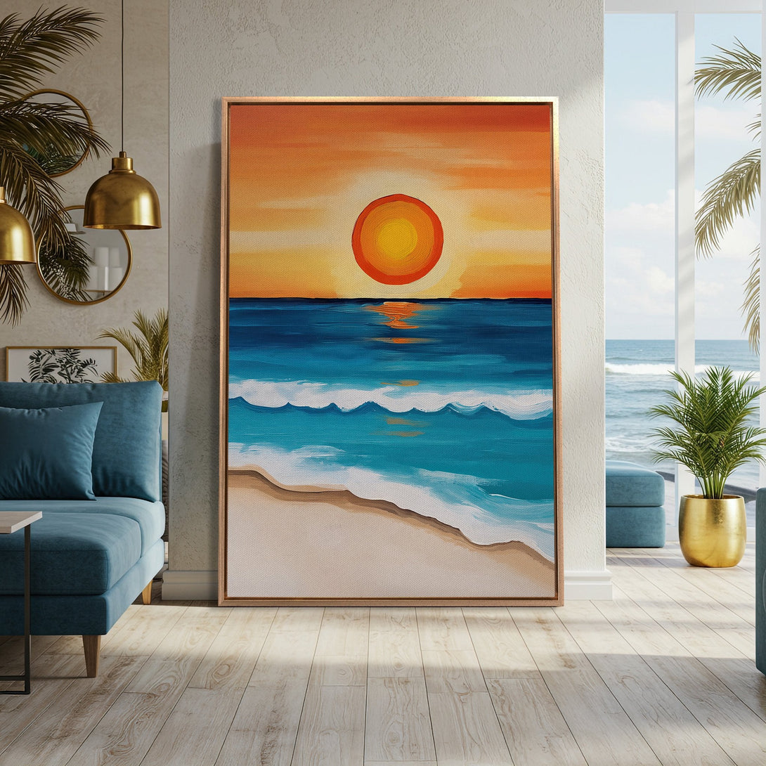 Framed Wall Art: Abstract beach sunset canvas print with vibrant orange, blue, and white colors. Perfect coastal decor to brighten any room.