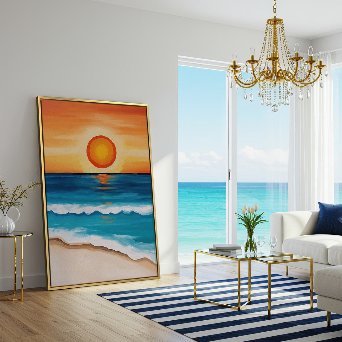 Canvas Print of a sunset over the ocean in vibrant orange and blue hues. Coastal art perfect for adding a touch of serenity to your home decor.