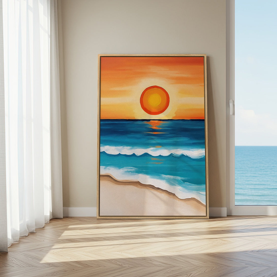 Framed Wall Art: Coastal sunset painting in vibrant orange, blue, and white. Modern beach scene canvas print for living room or bedroom decor.