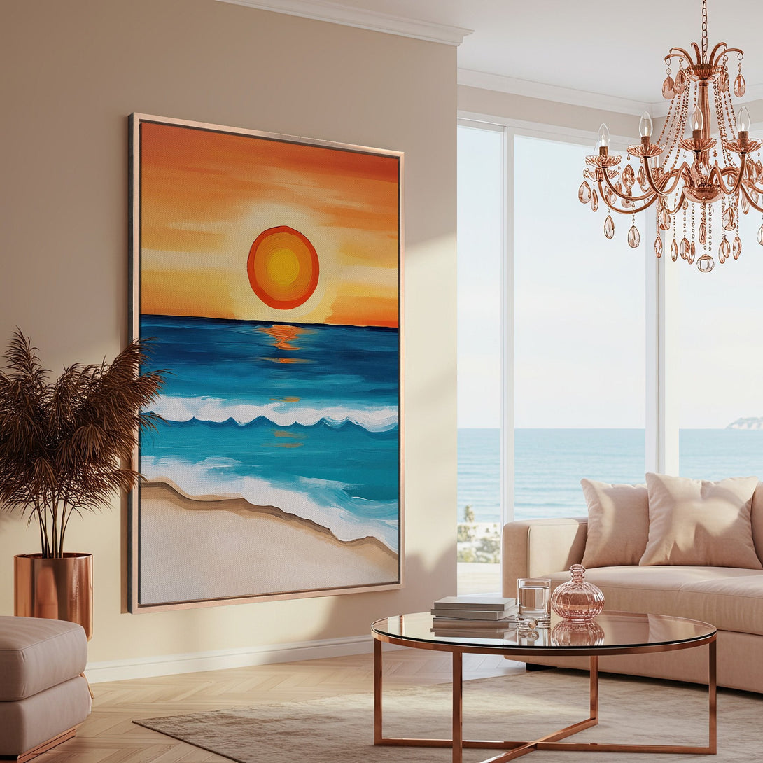 Framed Wall Art: Coastal sunset painting in warm orange and blue tones. Modern art canvas print adds a touch of serenity to any living space.