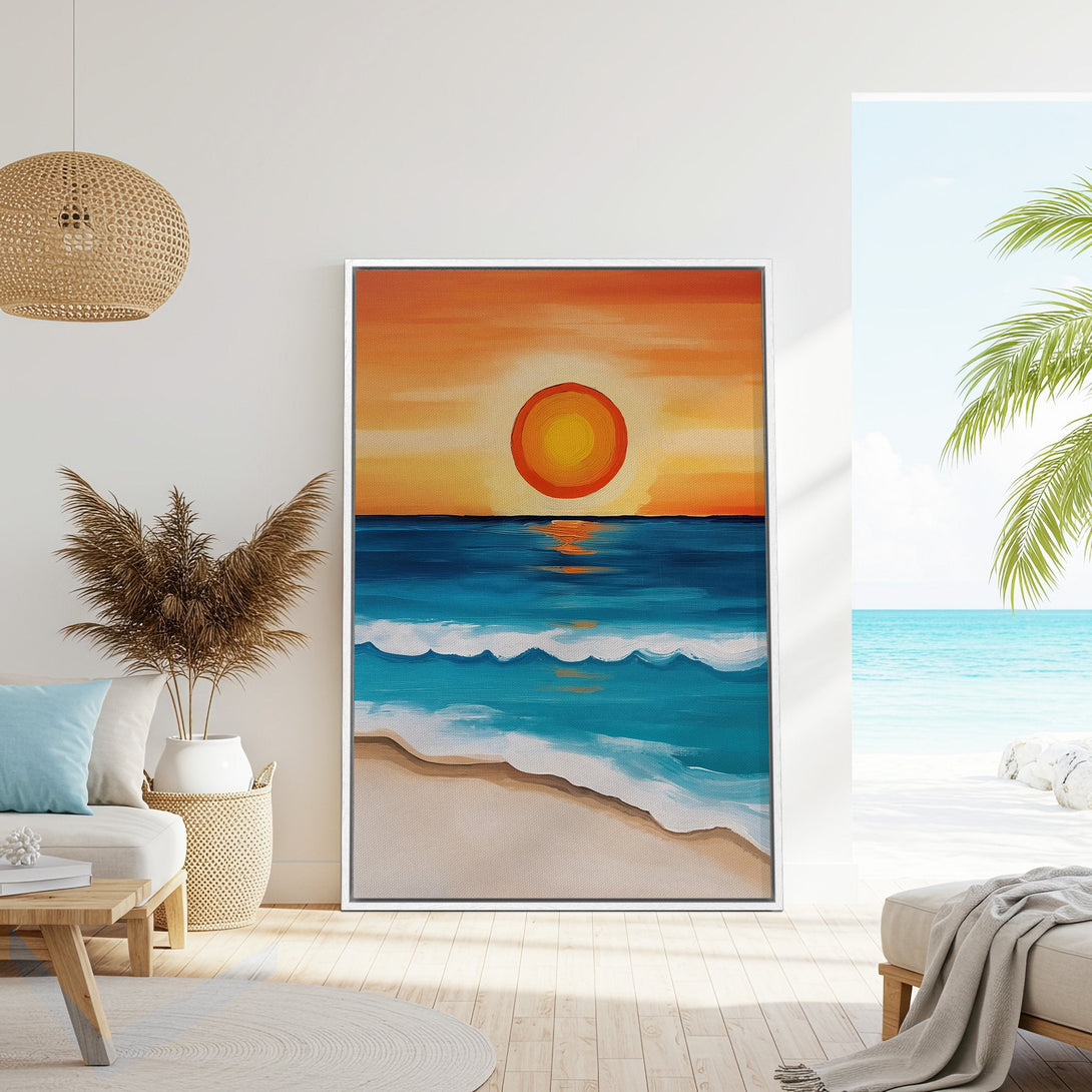 Framed Wall Art: Coastal sunset painting in vibrant orange and blue hues. Perfect for adding a touch of serenity and beach vibes to your home decor.