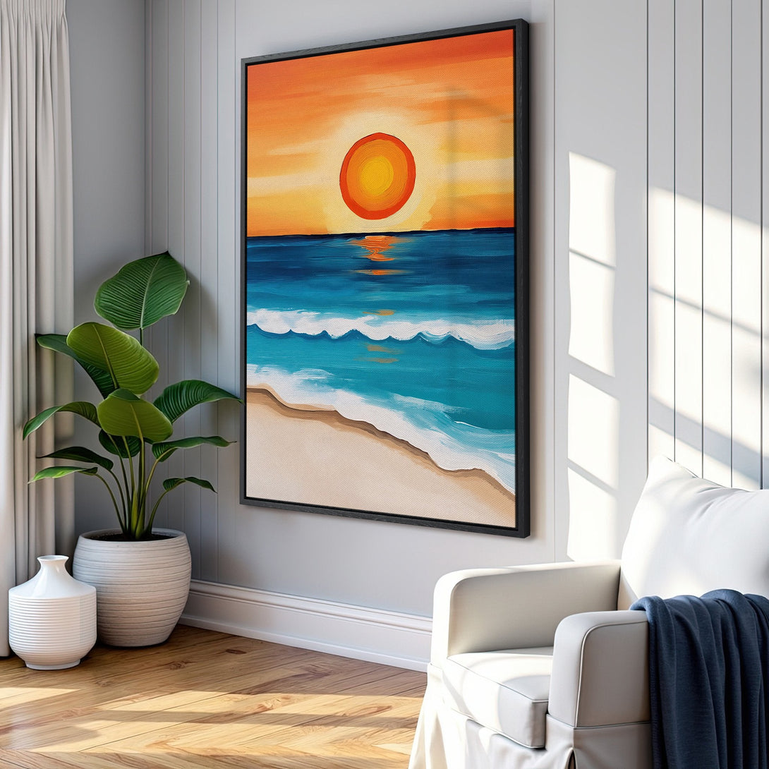 Framed Wall Art: Sunset beach scene in warm orange and blue tones. Coastal art print adds a touch of serenity to any space. Shop now!