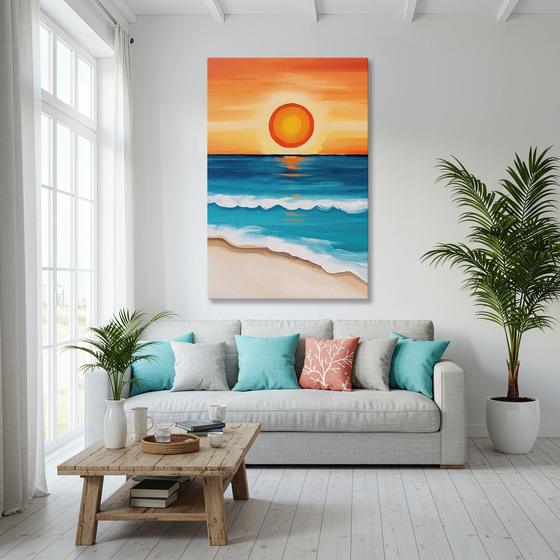 Framed Wall Art: Coastal sunset painting in warm orange and blue hues. Modern art style displayed in a bright, airy interior.