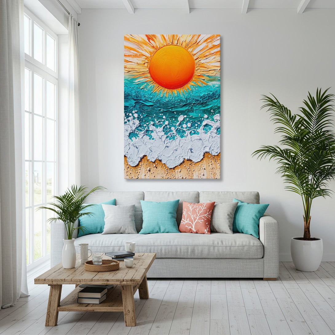Framed Wall Art: Coastal sunset canvas print in a modern living room. Features vibrant orange, teal, and white colors. Perfect for beach house decor.