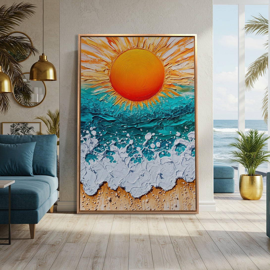 Framed Wall Art: Textured ocean sunset painting in vibrant orange, turquoise, and white. Coastal art for a relaxed, stylish home. Bring the beach indoors!