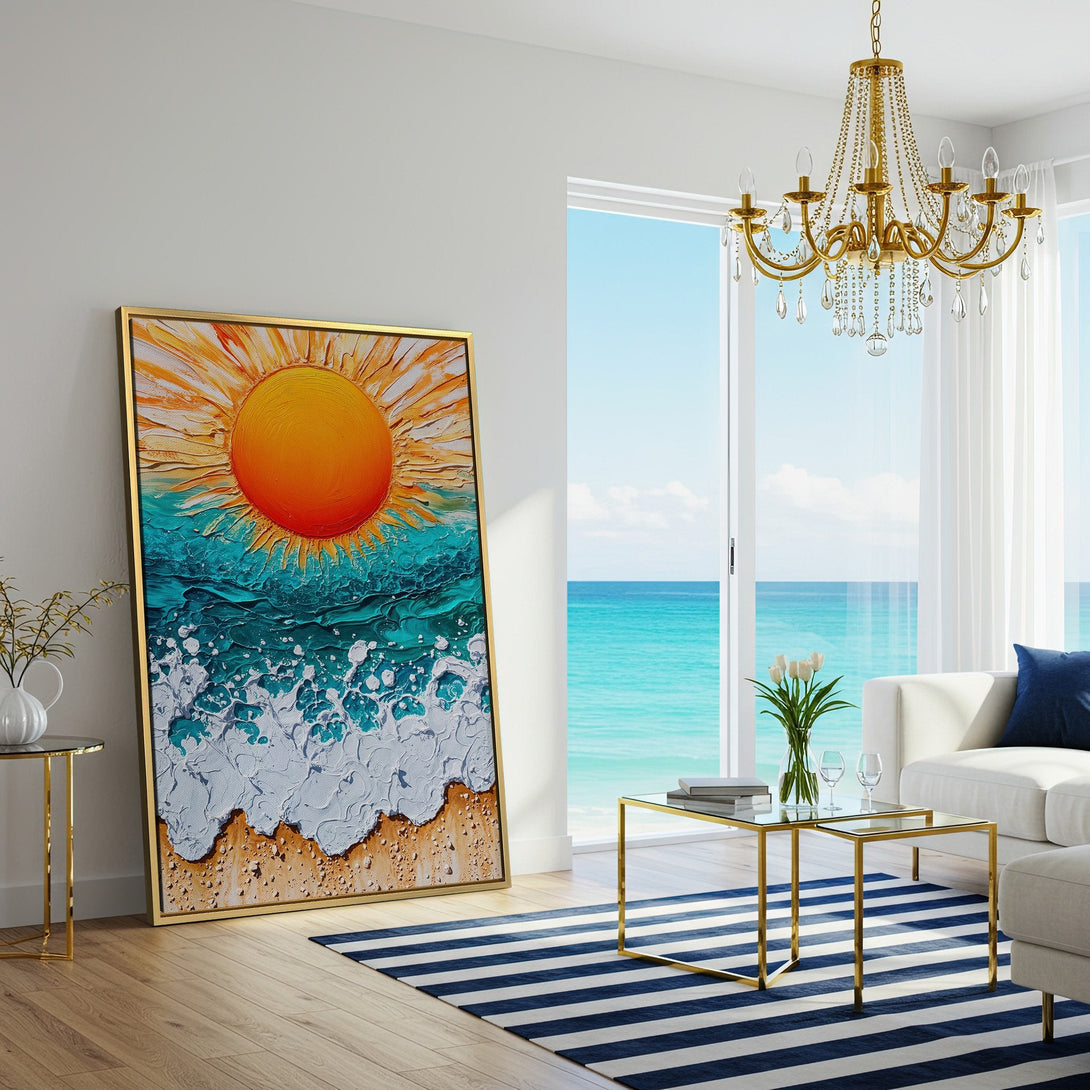 Canvas Print of a vibrant ocean sunset. Textured art with orange, turquoise, and white colors. Perfect coastal decor for your living room.
