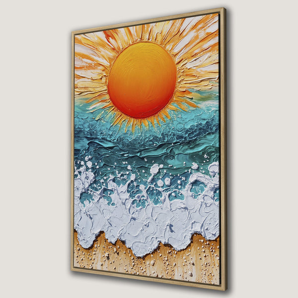 Framed Wall Art: Textured beach scene with a vibrant orange sun, turquoise ocean, and sandy shore. Coastal art with warm, inviting color palette.