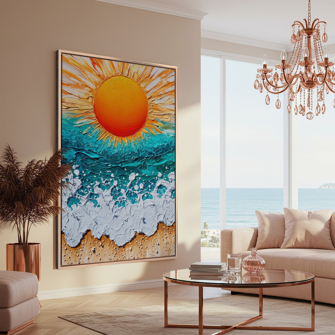 Framed Wall Art: Textured ocean and sun painting in vibrant teal, orange, and white hues. Coastal art perfect for adding a pop of color to your living room.